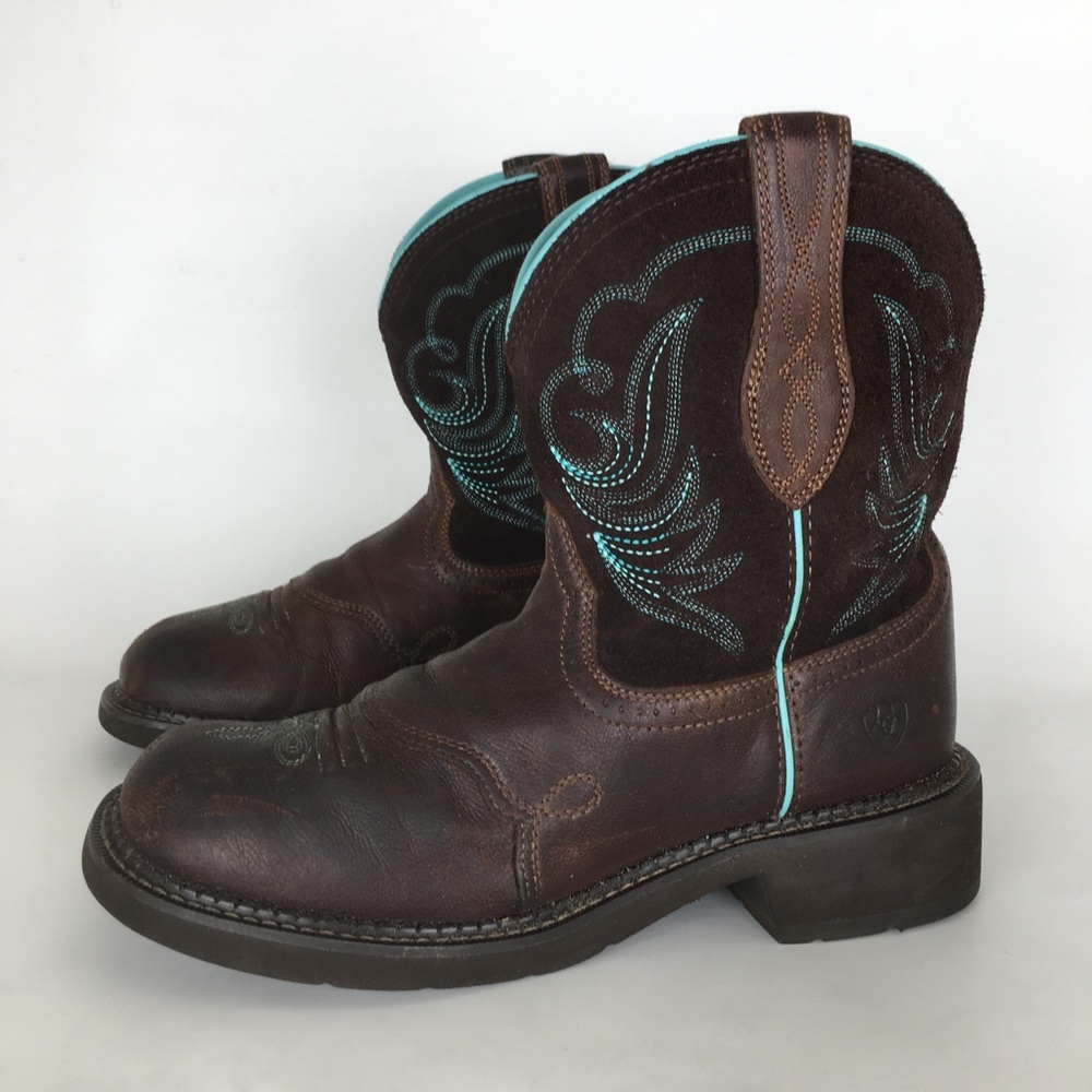 Ariat Fatbaby Heritage Dapper Western Boots Dark Brown Leather Teal Stitching - Picture 5 of 14